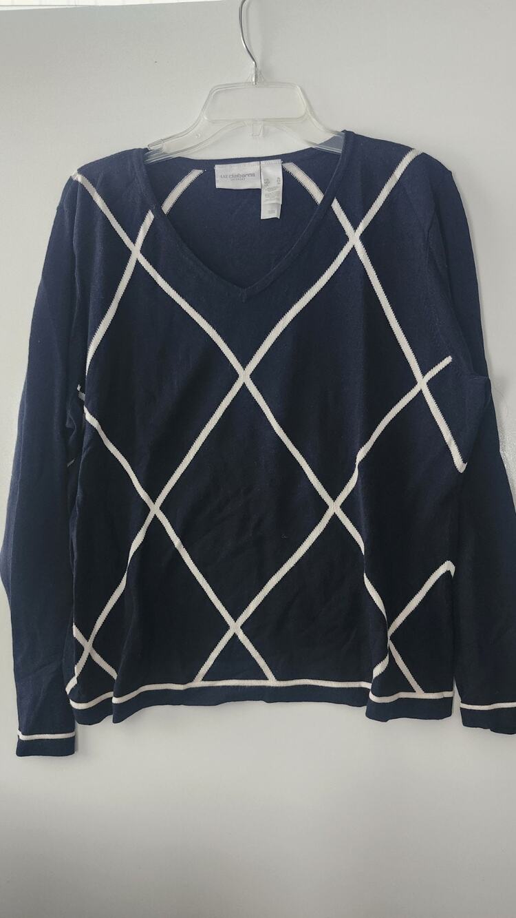 Liz Claiborne Womens Navy Blue V Neck Sweater Geometric Diamond Grid XL #299